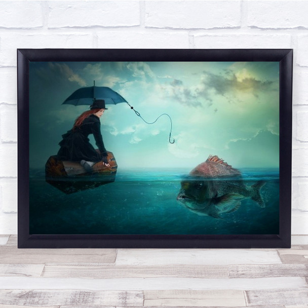 Fishing For A Woman Surreal Creative Edit Fish Water Umbrella Wall Art Print