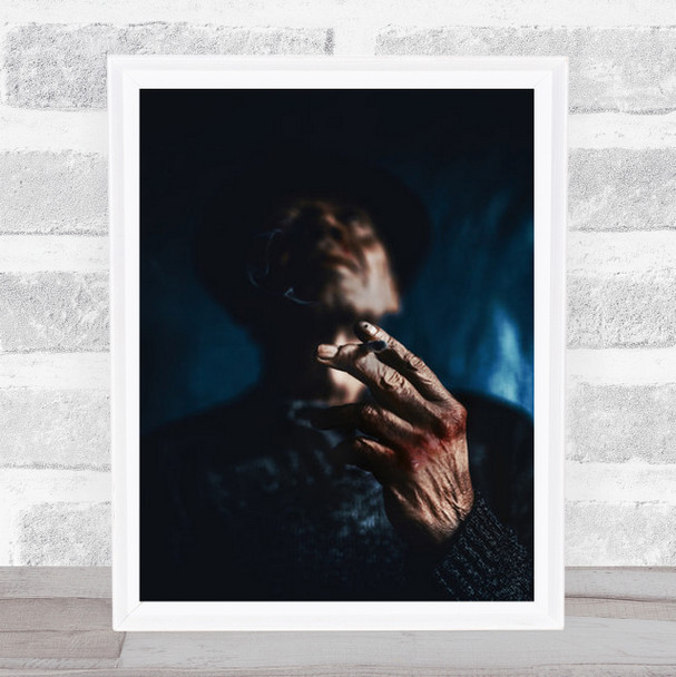Portrait Half Body Man Hat Smoke Smoking Cigarette Focus Hand Wall Art Print