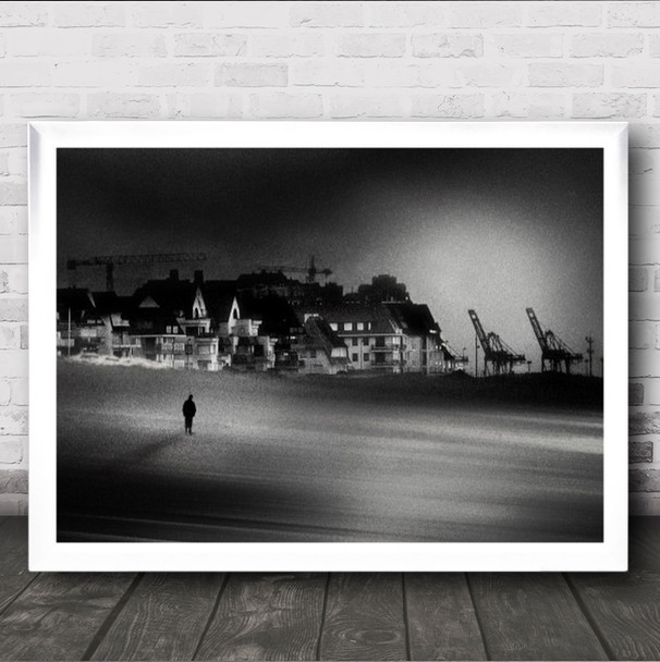 The Stranger Storm Beach Coast Winter Mood Harbour Man Cranes Wall Art Print