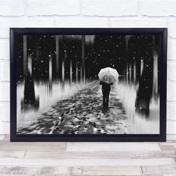 Undercover Winter Snow Snowing Person Umbrella Footsteps City Wall Art Print