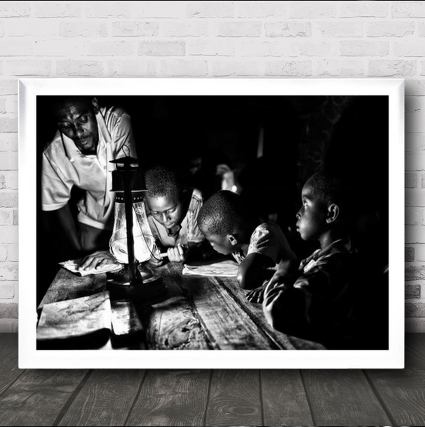 Documentary B&W Father Children Child Studying Teaching Lamp Wall Art Print