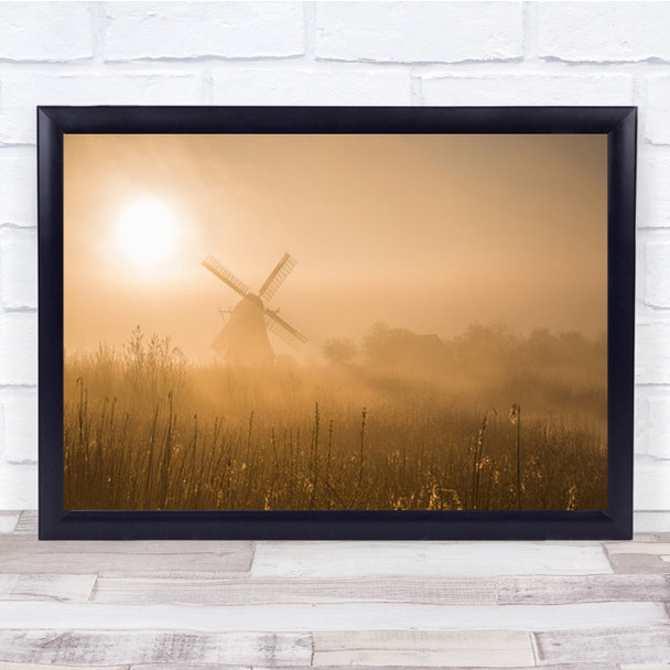 Golden Dawn Mill Windmill Fog Mist Netherlands Rural Sunrise Wall Art Print