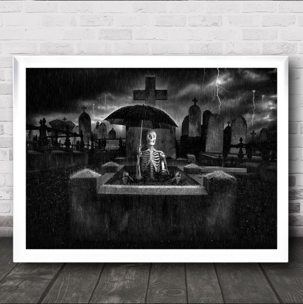 Wet Bones Skeleton Graveyard Raining Illustrative Black And White Art Print