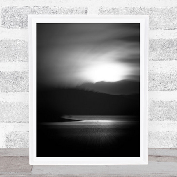 Going To The Other Side Lake Paddle Alone Sunset Clouds B&W Wall Art Print