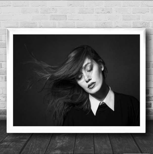 Storm Model Hair Wind Windy Blow Blowing Collar Fashion B&W Wall Art Print