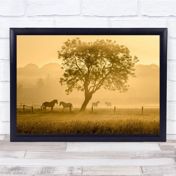 Golden Horses Landscape Horse Animal Fence Grass Fog Mist Wall Art Print