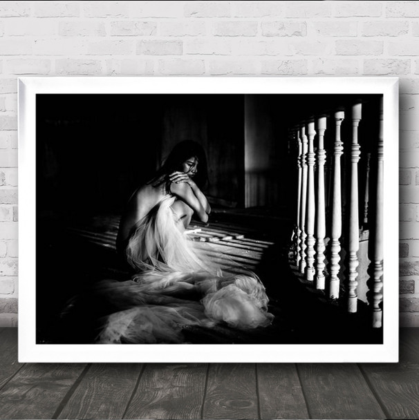 Hiding Behind Rails Mood Hose Inside B&W Lights Shadows Wall Art Print