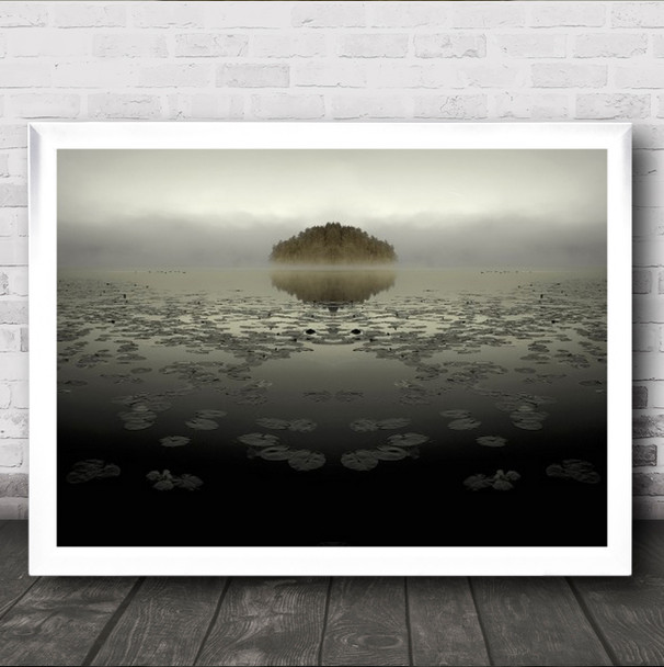 Unreal Island Lake Landscape Mist Fog Haze Clouds Cold Wall Art Print