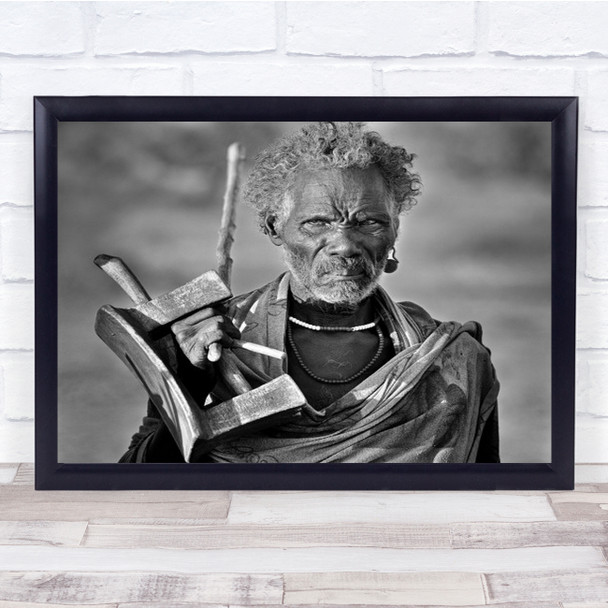 Tribesman Angry Facial Expression Black And White Wall Art Print