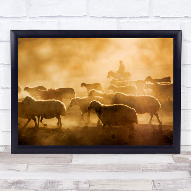 Sheep Flock Herd Cattle Animal Yellow Dust Smoke Wall Art Print