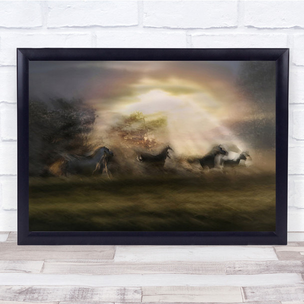 Morning Dream Blurry Galloping Horses Sun Rays Wall Art Print