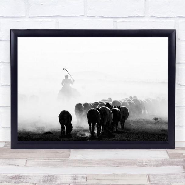 Black And White Sheep Flock Walking Into Mist Wall Art Print