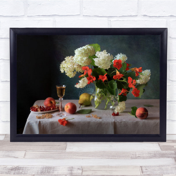 Flowers And Fruit Glass Of Wine On Table Wall Art Print