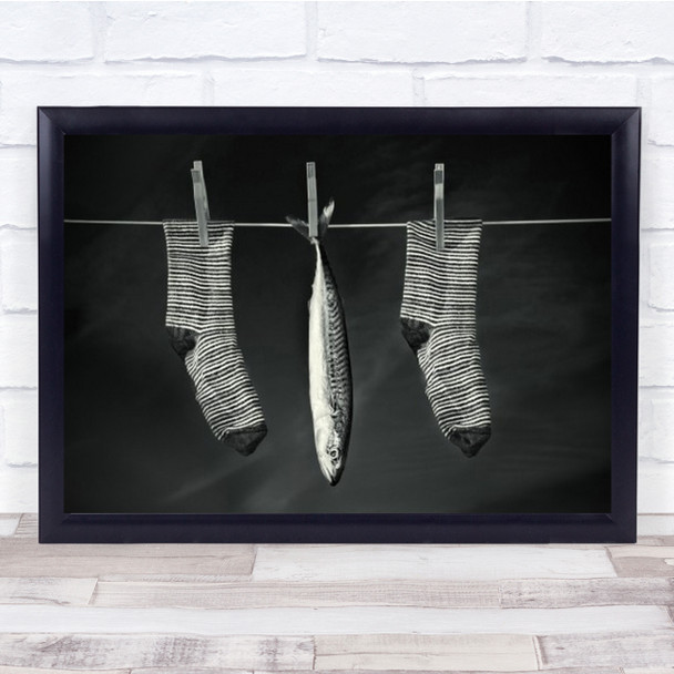 Fish On The Line B&W Clothes Pin Pins Wall Art Print