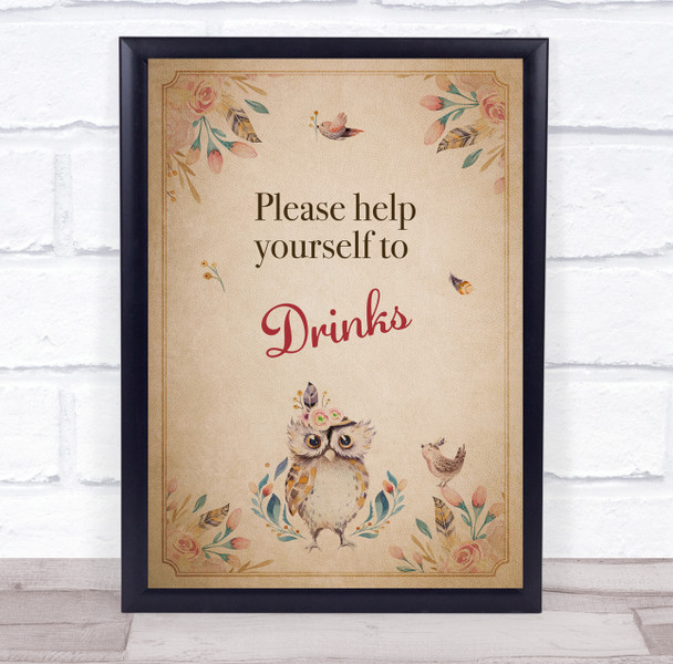 Vintage Cute Owl Please Help Yourself Drinks Baby Shower Personalised Party Sign