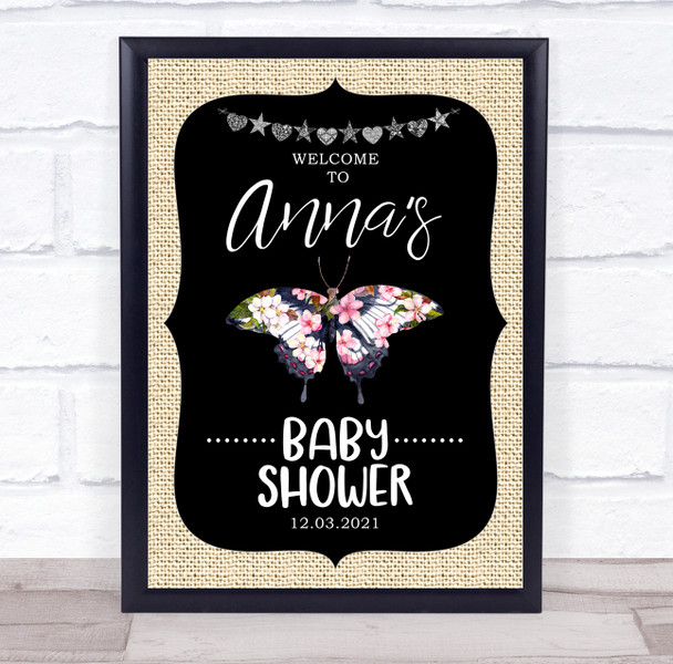 Burlap Floral Butterfly Baby shower Personalised Event Party Decoration Sign