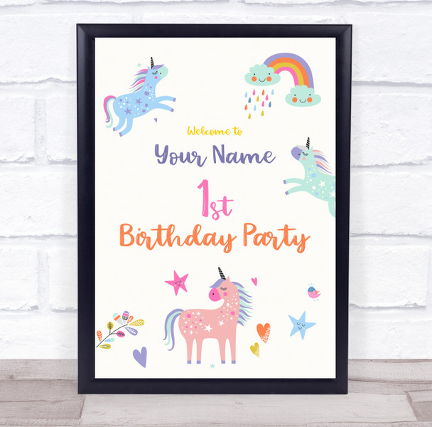 Pastel Coloured Unicorns And Rainbow Birthday Personalised Event Party Sign