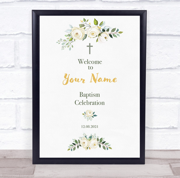 Pretty White Floral Welcome To Baptism Celebration Personalised Event Party Sign