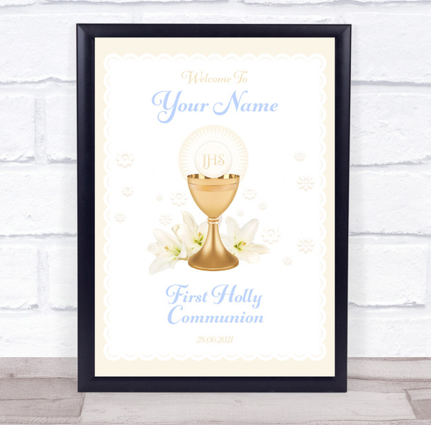 Blue First Holly Communion Welcome Personalised Event Party Decoration Sign