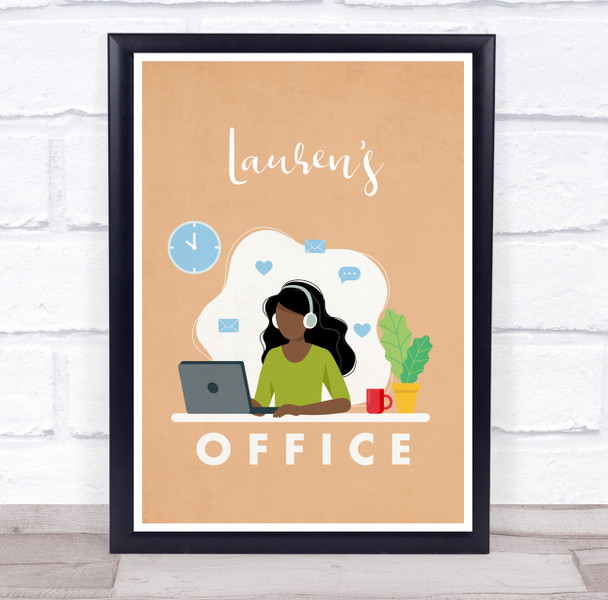 Office Brown Woman Headphone Simple Laptop Room Personalised Wall Art Sign
