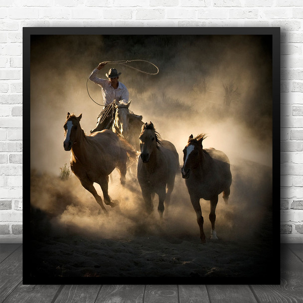 Cowboy Roundup Horses Lasso Throw Rope Action Ride Rider Riding Square Wall Art Print