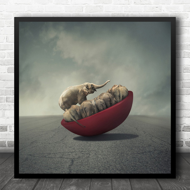 Elephant Elephants Bowl Weight Heavy Scale Balance Gravity Fun Square Wall Art Print