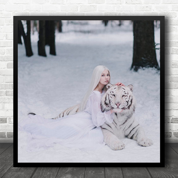 Portrait Tiger Snow Winter Cold Fairy Tale Fantasy Woman Girl Square Wall Art Print