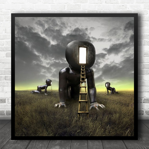 Stairs Door Pasture Ladder Portal Surreal Field Grass Metal Doll Square Wall Art Print