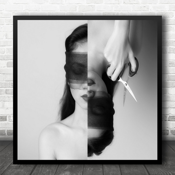 Woman Scissors Sorrow Blind Blinded Blindfold Cut Double Hand Square Wall Art Print