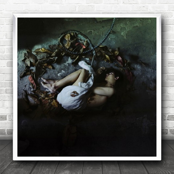 Abstract Conceptual Model Photoshoot Leaves White Sheet Woman Square Wall Art Print
