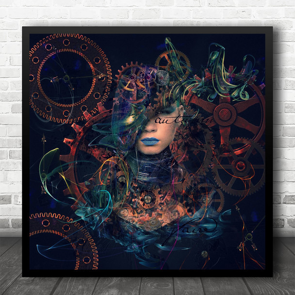 Mechanism Girl Fantasy Mechanic Clock Time Cog Wheel Wheels Square Wall Art Print