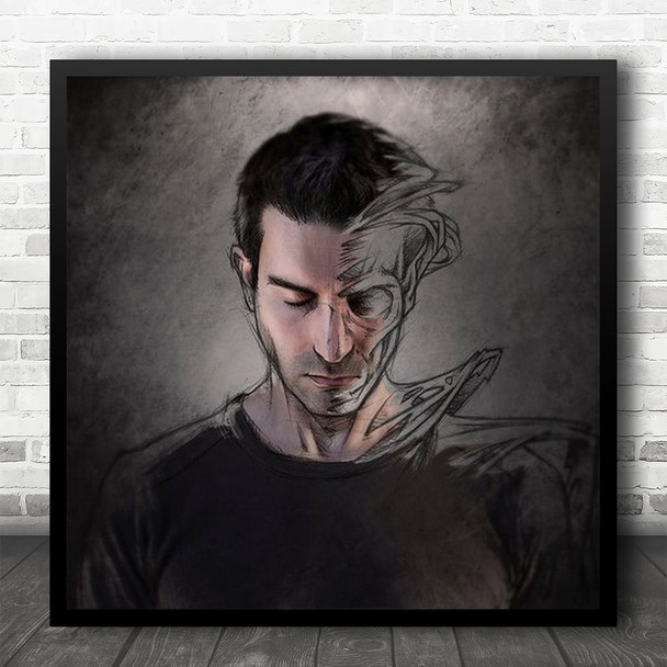 Self Sketch Illustration Drawing Face Closed Eyes Dissolve Square Wall Art Print