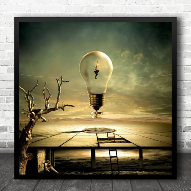 Surreal Bulb Floating Person Dead Tree Square Wall Art Print