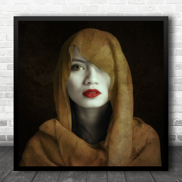 Portrait Cape Cloak Hood Scarf Red Lips Mouth Eye Woman Person Square Wall Art Print