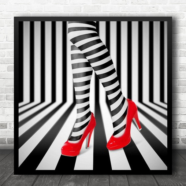 Zebra Red Shoes High Heels Fashion Stripes Lines Legs Pattern Square Wall Art Print