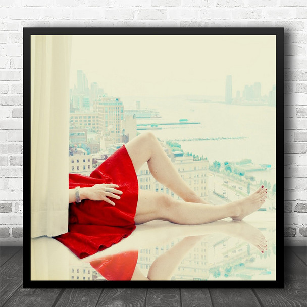 Red Dress Skyline New York America United States Toenails Square Wall Art Print