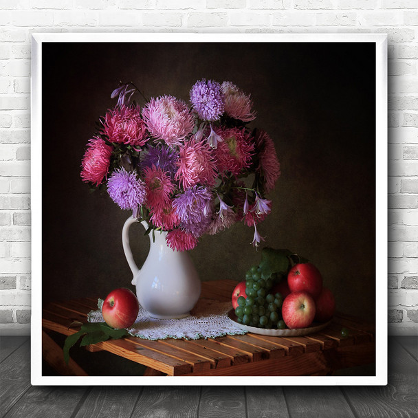 Flower Still Life Flora Floral Vase Pink Fruit Apple Grape Desk Square Wall Art Print