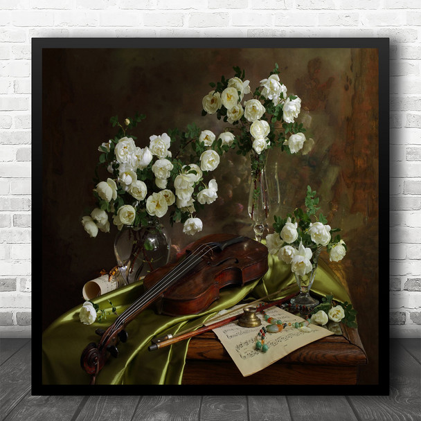 Music Violin Book Candle Flower Roses Rose Flowers Instrument Square Wall Art Print