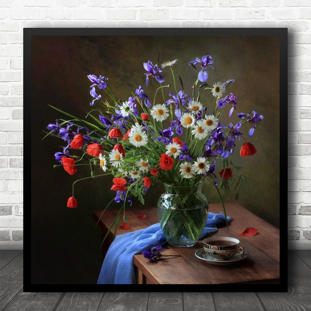 Summer Flowers Flower Bouquet Vase Still Life Poppy Poppies Square Wall Art Print