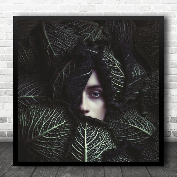 Woman Portrait Conceptual Eye Model Leaf Leaves Face Mood Square Wall Art Print