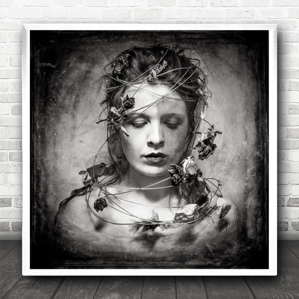 Composites Model Woman Net Face Flowers Plant Tangled Square Wall Art Print