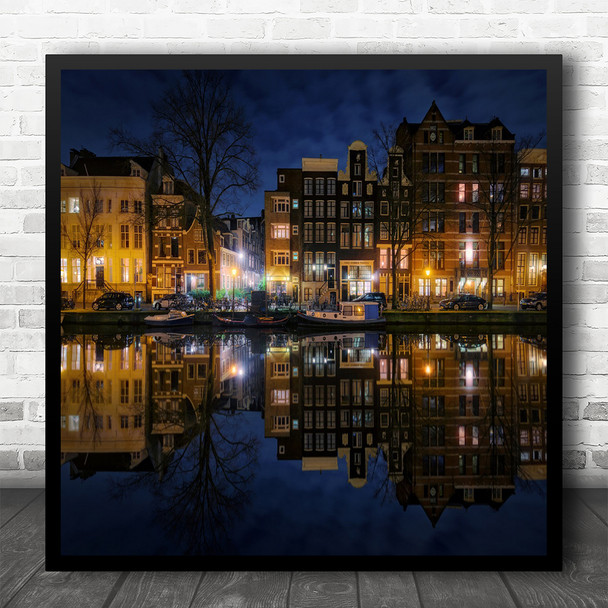 Amsterdam Netherlands Holland Canal Dutch City Travel Reflection Square Wall Art Print