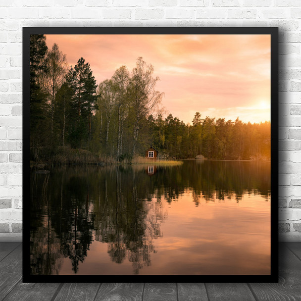 Sweden Summer House Cabin Cottage Lake Water Trees Forest Window Square Wall Art Print