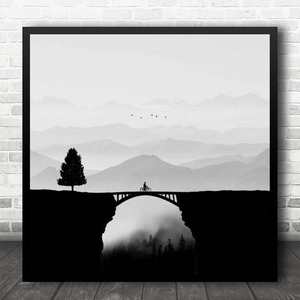 Bridge Bike Tree Lonely Transportation Bicycle Layers Mountains Square Wall Art Print