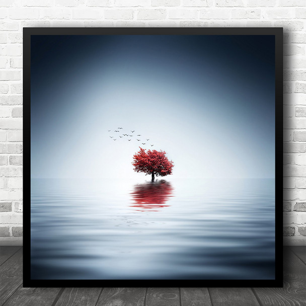 Red Tree Lonely Fantasy Fairy Tale Birds Reflection Water Lake Square Wall Art Print