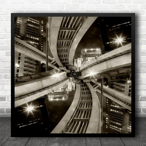 Junction Road Tokyo Japan Distorsion Distorted Sepia Highway Square Wall Art Print