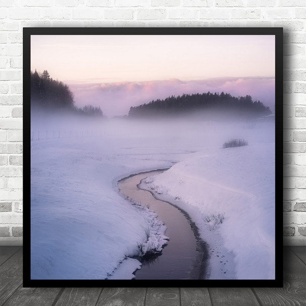 Stream Creek Winter Snow Cold Fog Mist Haze Water Landscape Square Wall Art Print