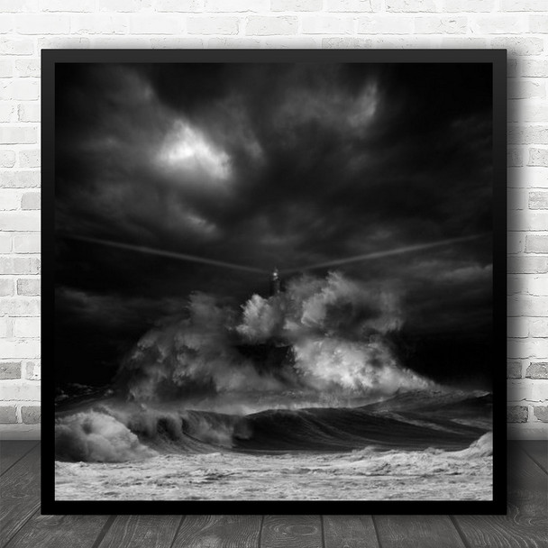 Lighthouse Seascape Dark Low-Key Wave Crash Splash Spray Square Wall Art Print