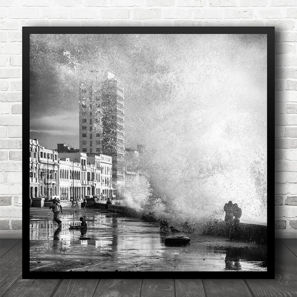 Cuba Havana Malecon Wet Buildings People Square Wall Art Print