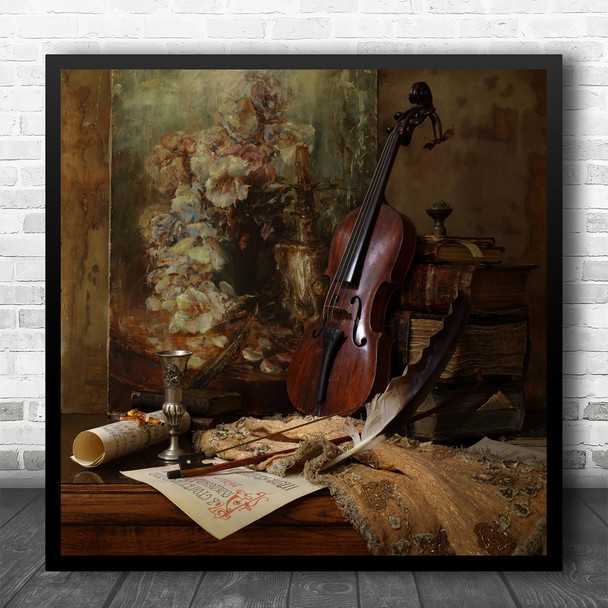Painting Music Violin Old Books Book Retro Vintage Instrument Square Wall Art Print